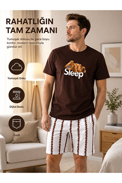 Pelife Underwear Şortlu Pijama Takımı Yüksek Kalite | Kahverengi-Beyaz-Baskıl...