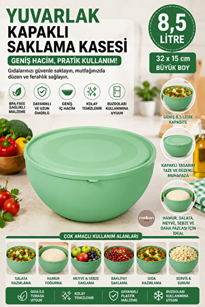 Melkan Home Large Bowl with Round Lid Pastel Green 8.5 Liter Bowl with Lid La...