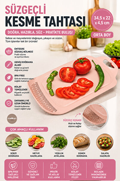 Melkan Home Cutting Board with Strainer Powder Color Medium Size Cutting Board