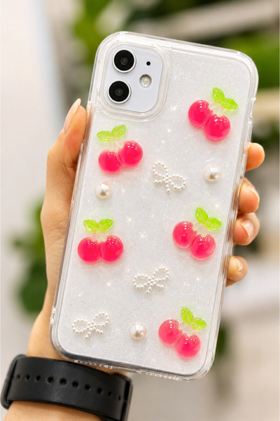 Go Aksesuar Iphone 11 Uyumlu İNCİ KİRAZ  Tasarımlı Oyuncaklı Esnek Silikon Kılıf