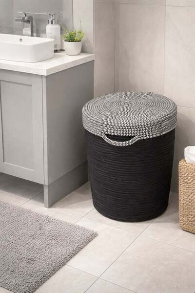naylişhome Jute Wicker Gold White 40X45 cm Covered Laundry Basket Multi-Purpo...