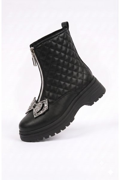 Zilvana Girl's Zippered Quilted Patterned Winter Boots with Stone Bow Detail