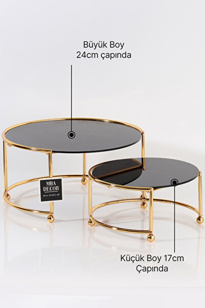 mba decor metal bending art Yuvarlak Ikili Gold Siyah Kahve Yanı Sunumluk Hediyelik Dekorasyon Ikramlık Organizer Mdf Ahşap 26