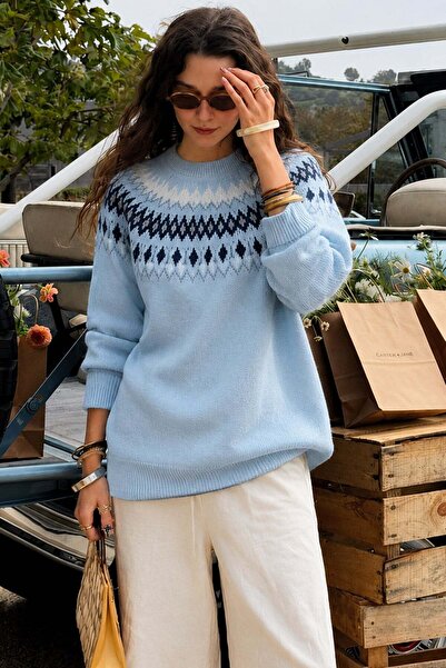 Madmext Blue Crew Neck Patterned Women's Knitwear Sweater Mg2502