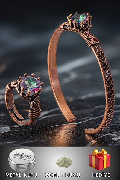 OSMANLI GÜMÜŞ Women's Copper Bracelet Ring Set - Mystic Topaz Model 2 Tree Ba...
