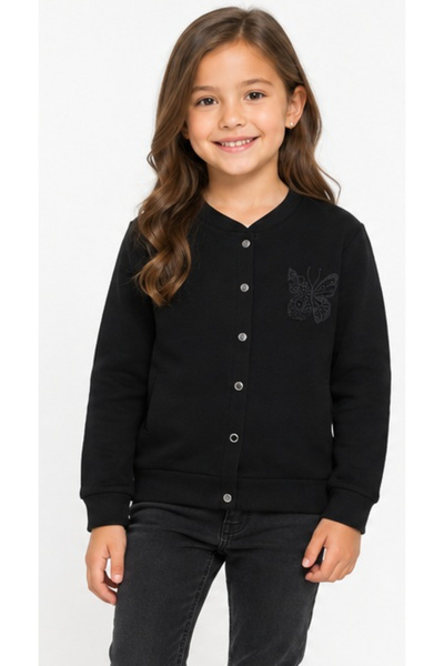 İrem Çocuk Giyim Girl's Butterfly Embroidered Button Closure Black Cardigan