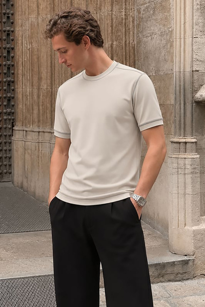 Madmext Beige Plain Crew Neck Basic Men's T-Shirt E7129