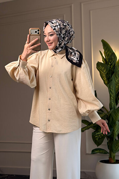 Suede Style 8199 - Stylish Comfortable Peach Balloon Sleeve Shirt