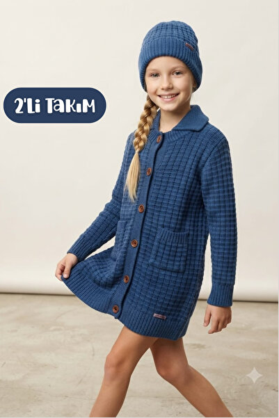 Hilal Akıncı Kids Unisex Buttoned Oversize Long Knitwear Cardigan Beret Doubl...
