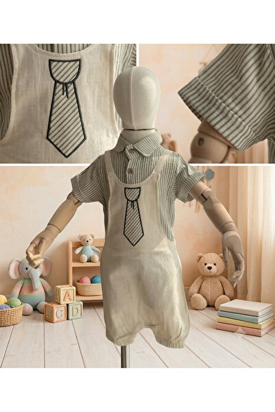 ASİLA Baby Boy Salopet Set with Tie Embroidered Striped Shirt