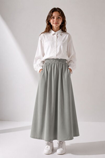 Angel&Co. Girls Clothing Modest Uzun Kız Çocuk Mevsimlik Etek-Adaçayı Grisi