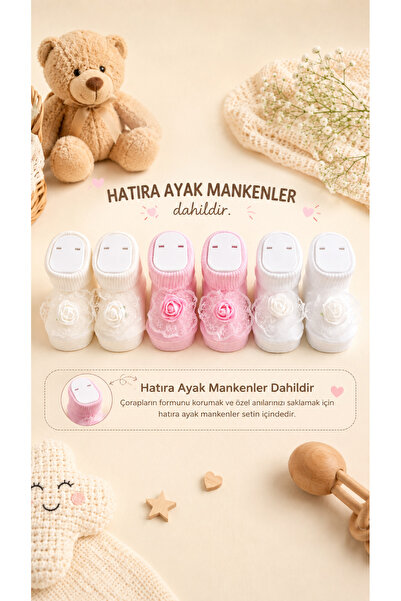 baby socks 6 Adet Hatira Mankenli Gül Dantel Aksesuarlı 3 Takım Hediyelik Beb...