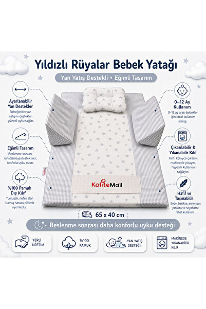 KaliteMall Yıldızlı Rüyalar Bebek Reflü Yatağı - Gri Yıldızlı