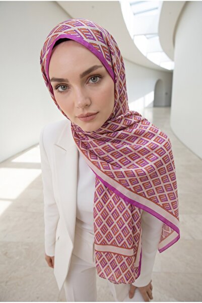 Vissona %100 Saf İpek Şal İnce Saten Vual Dokuma Geometrik Desenli 90x210 Şal