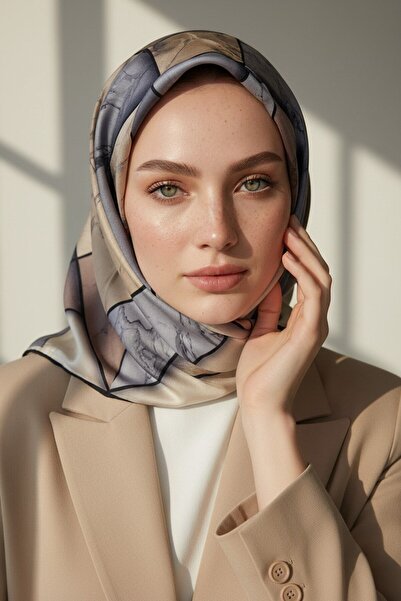 Vissona 100% Twill Silk Marble Patterned Beige - Gray Colored 90X90 Scarf Sew...