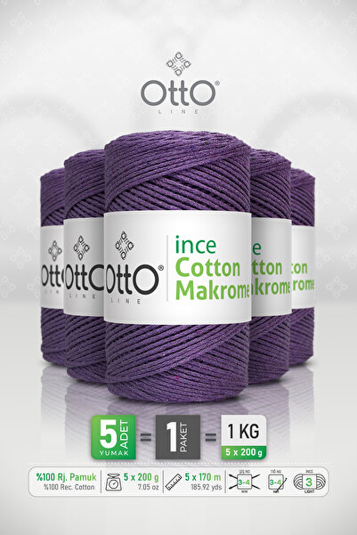 Otto Thin Cotton Macrame - Purple - 5 Pack - 2Mm/200Gr/170M - Cotton Macrame,...