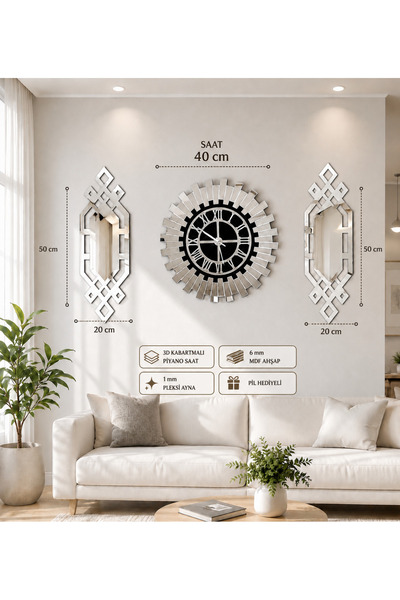 EYKA STORE Gümüş Renk Plexiglass Ayna Piyano Model Duvar Saati, Tablo 3 Parça...