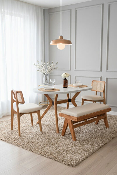 Woodenbend Arlen Oval Benchli Ahşap Masa Takımı 80x130 2 Sandalyeli Ve 1 Benc...