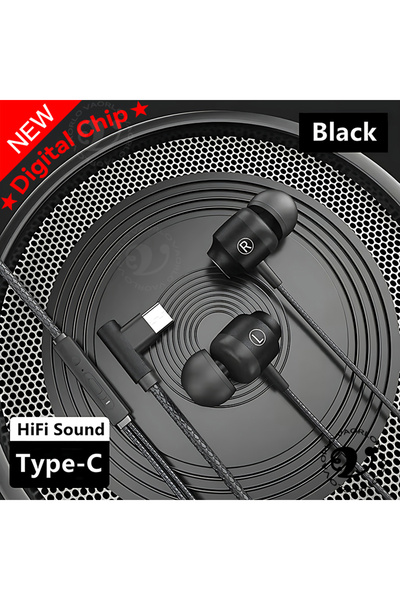 Choice Type-C Black 9D HIFI Heavy Bass Game Earphones 3.5MM AUX/Type-C 90° L ...