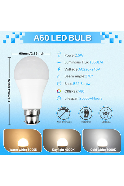Choice AC220-240V Cold white 6000K 15W 4PCS AC 220V 240V B22 LED Lamps 3W 8W ...