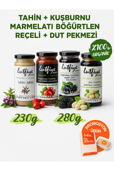 LUTFIYE Organik 4’lü Kahvaltı Seti – Tahin, Kuşburnu Marmelatı, Böğürtlen Reç...