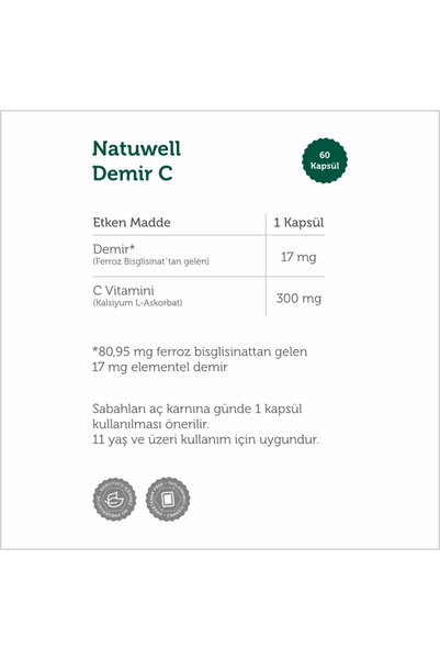 Natuwell 2'li Demir-C (Demir Bisglisinat + C Vitamini) 60 Kapsül
