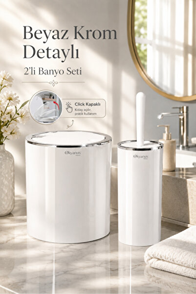 Okyanus Home White Chrome Round 2-Piece Wc Bucket and Brush Set