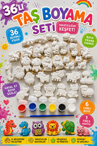 MİSSEHOME 36 Pieces (3D) Animal Kingdom Stone Painting Figure Child Developme...