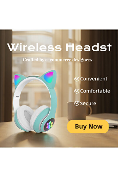 Choice3 Green Cat Shaped Wireless Bluetooth Earphones Handsfree Earbuds with ...