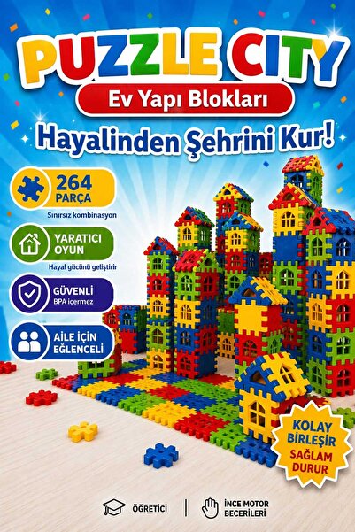 PLASTMARKET Puzzle City 3D Şehir Kurma Blokları - Eğitici Ev Yapı Blokları Oy...
