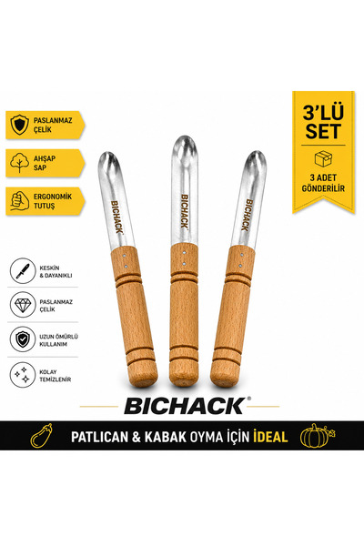 BICHACK 3 Adet Oval Ahşap Saplı Patlıcan & Kabak Yöresel Sebze Oyma Bıçağı