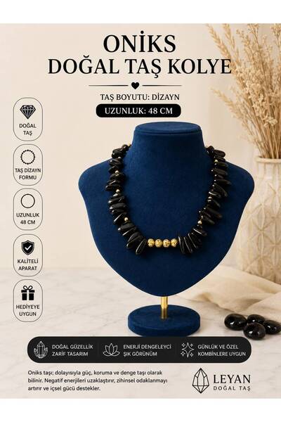 Leyandoğaltaş Leyan Doğaltaş Black Onyx Natural Stone Necklace 48 cm – Gold C...