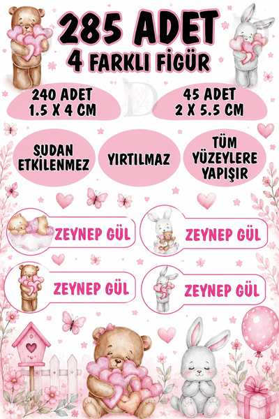 KT Decor Okul Etiketi Kalem Defter Etiketi Tavşancık ve Ayıcık Özel Isimli Et...