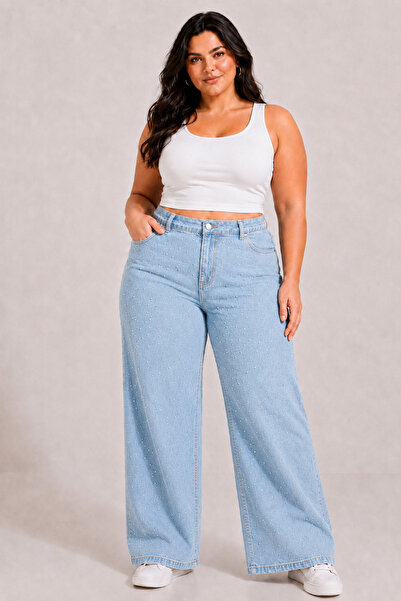nd jeans Women's Plus Size Jeans Wide Leg Stone-Embellished Denim Pants-Ice C...