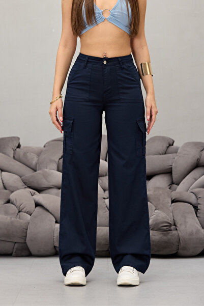 BİKELİFE Navy Blue Cargo Pocket Lycra High Waist Wide Leg Trousers