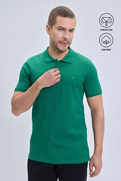 Hatemoğlu Green Regular Fit 100% Cotton Non-Curling Polo Collar T-Shirt