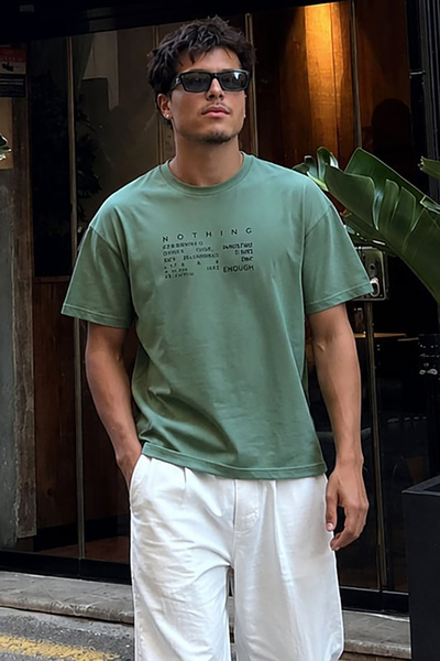 Madmext Green Overfit Crew Neck Back Printed Short Sleeve Men's T-Shirt 7037