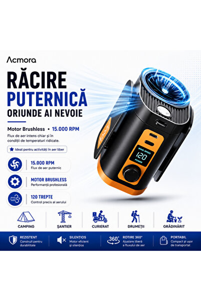 Acmora Ventilator Portabil G03, 10000mAh, 120 viteze, 15000 RPM, Power Bank, ...