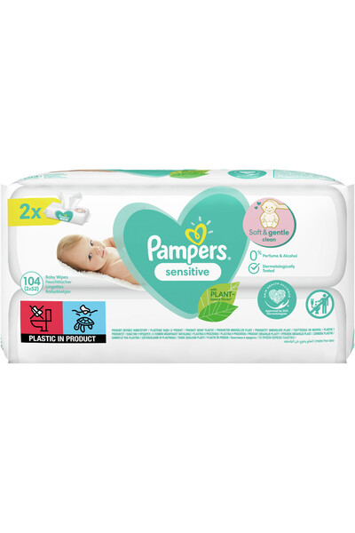 Pampers Șervețele umede pentru bebeluși sensibili, 2 pachete x 52, 104 bucăți