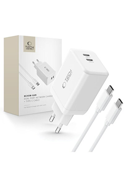 Tech-Protect GaN 2x cablu USB-C inclus 45W Alb