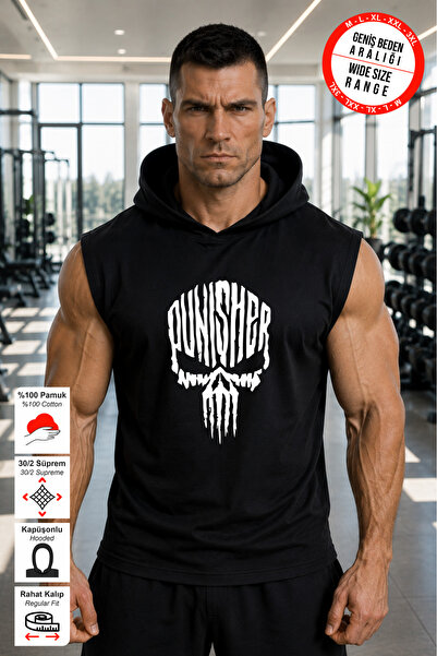 BESSA Erkek Punisher Baskılı Siyah Oversize Bisiklet Yaka Pamuklu Kapüşonlu K...