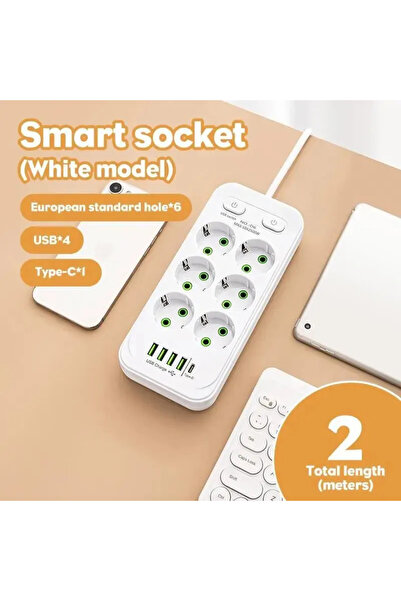 Choice6 White 6 Sockets USB EU Plug Power Strip 4 AC Outlets 2 USB 1 Type-C P...