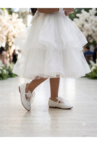 Turkuaz Ayakkabı White Sequined Can Liveable Girls' Ballet Flats