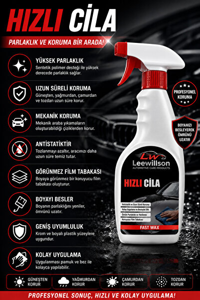 LeeWillson Hızlı Cila Spreyi - 500 ML - Araç Boya Koruyucu, Antistatik, Üstün...