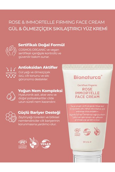 BIONATURCA Organic Certified Rose & Immortelle Flower Firming Face Cream 50 ml