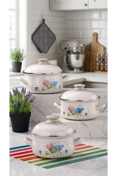 Bonera Set de vase emailat 6 piese cremă - decorat cu hortensie