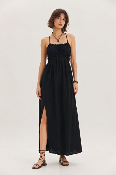 Clandestino Ayarlanabilir Askılı Bohem Müslin Elbise Siyah