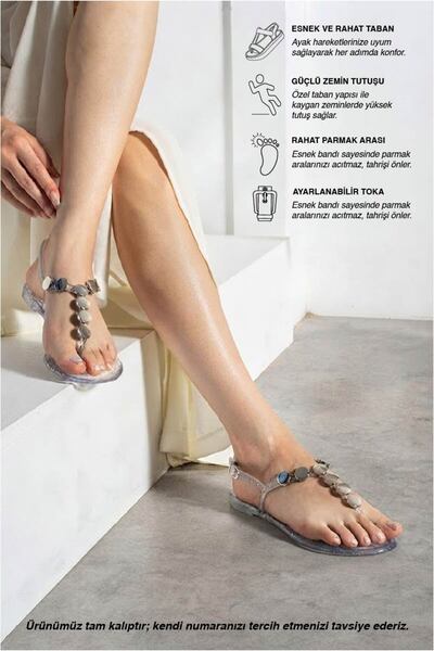 İmerShoes Günlük Kadın Parmak Arası Sandalet Gold Detaylı Hafif Rahat İnce Ta...