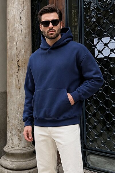 Madmext Navy Blue Hooded Kangaroo Pocket Men's Sweatshirt E7169