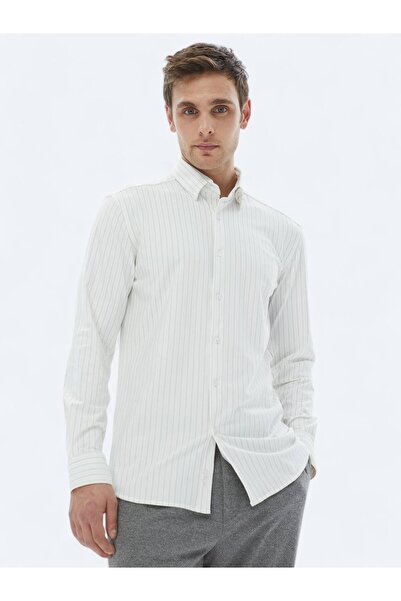 Kip White Striped Regular Fit Long Casual Shirt
